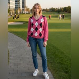 IZOD GOLF Ladies 100% Cotton ARGYLE V Neck Sweater Pink/White/Black- Size Large